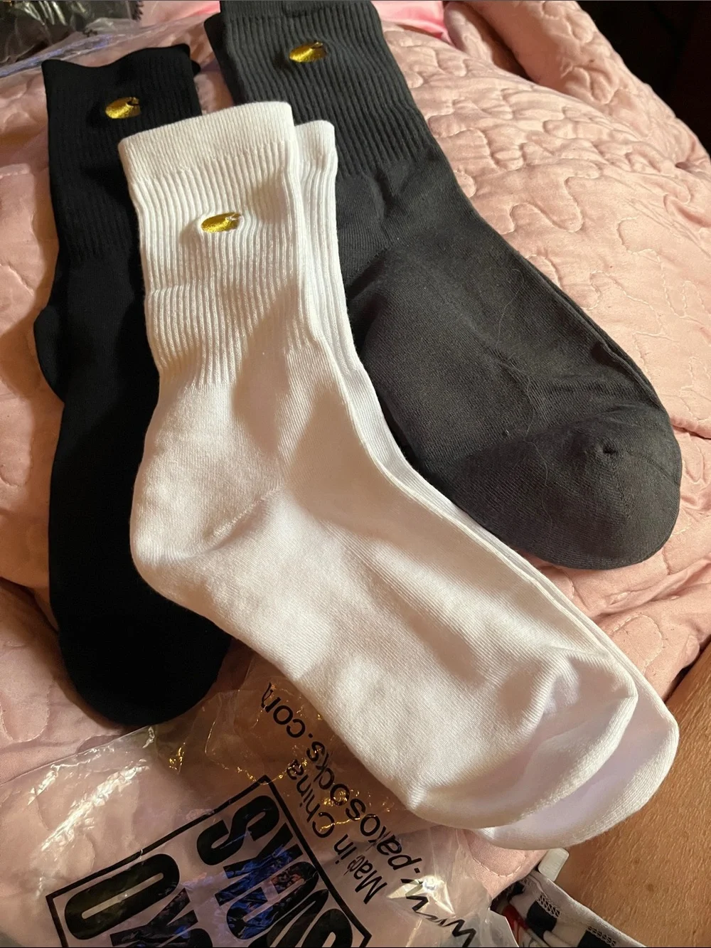 Carhartt Ribbed Crew Socks in Black, White, and Gray with Gold Logo (Pack of 3)